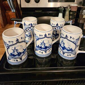 5 Delft Blue Heineken Beer Stein Mugs made in Holland